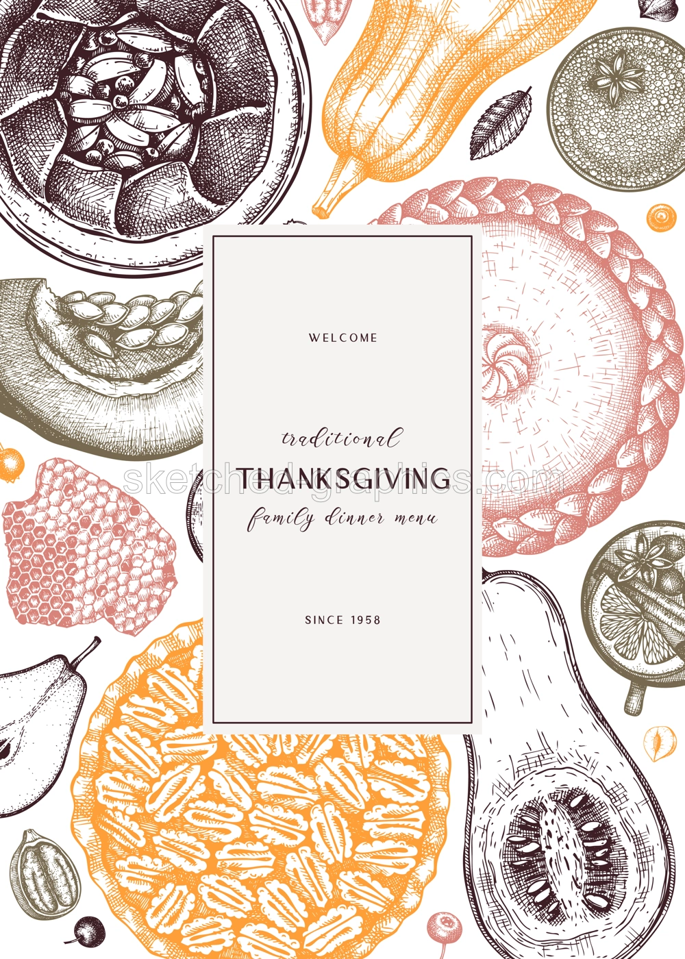 Thanksgiving desserts menu design. Hand sketched desserts with apple, pecan, pumpkin. Traditional pies for Thanksgiving dinner in vintage style. Top view autumn food background. Cooking at home design Illustration